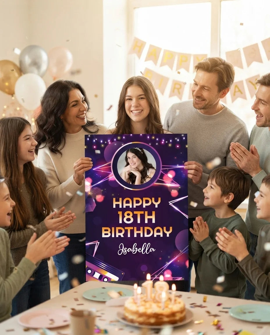 Friends and family celebrating with the personalised Music Glow Theme Birthday Party Mega Card