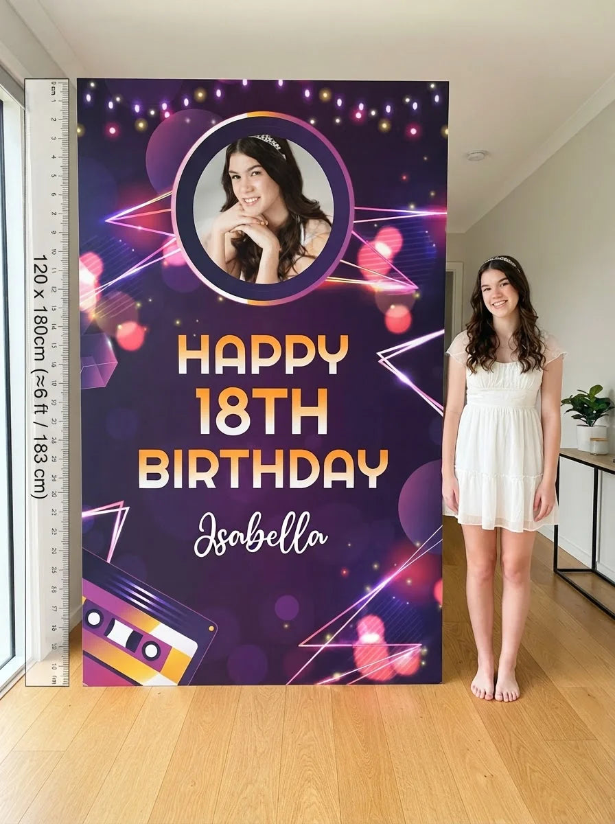 Person standing beside the Music Glow Theme Birthday Party Mega Card for scale in a size guide