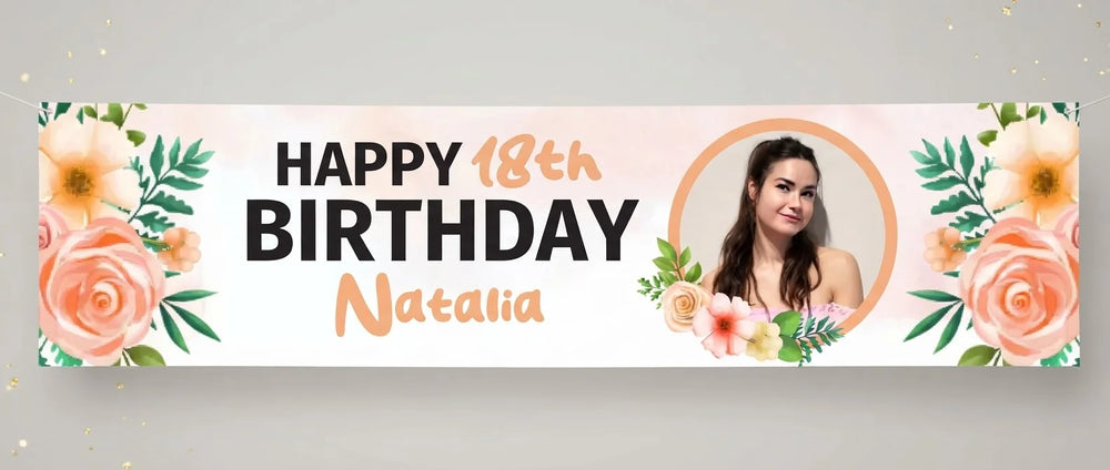 Personalised Peach Roses Theme Birthday Party Banner displayed against a plain studio background