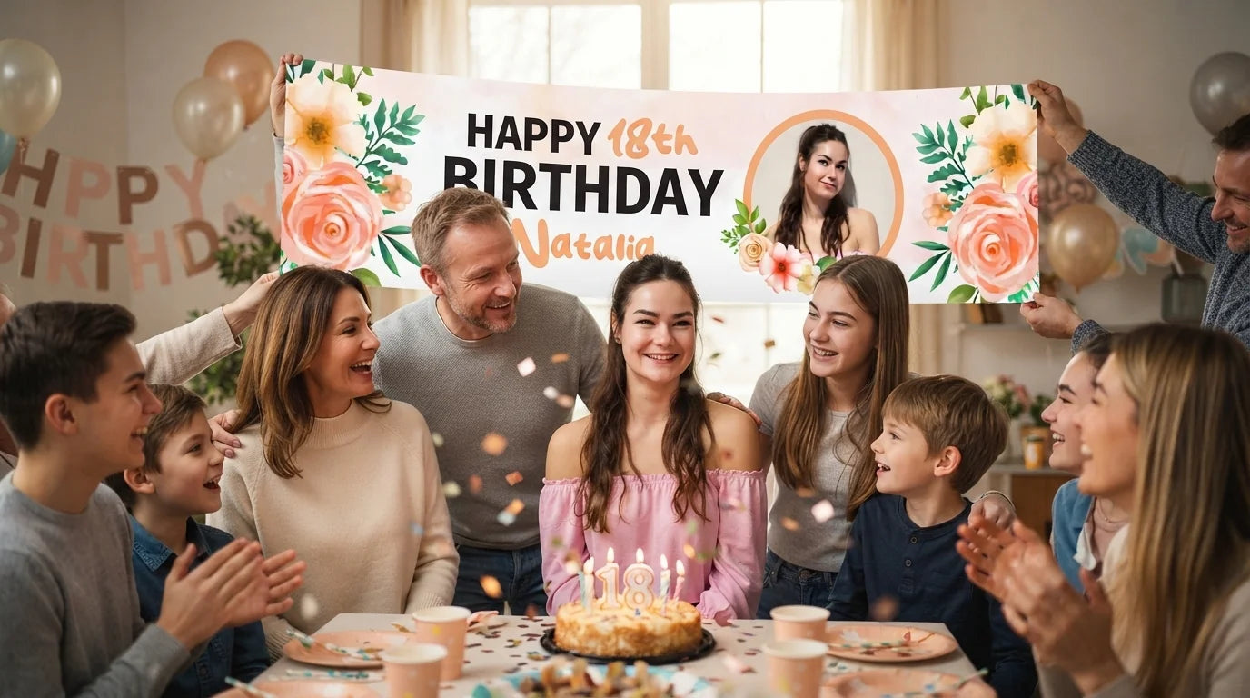 Friends and family celebrating with the personalised Peach Roses Theme Birthday Party Banner