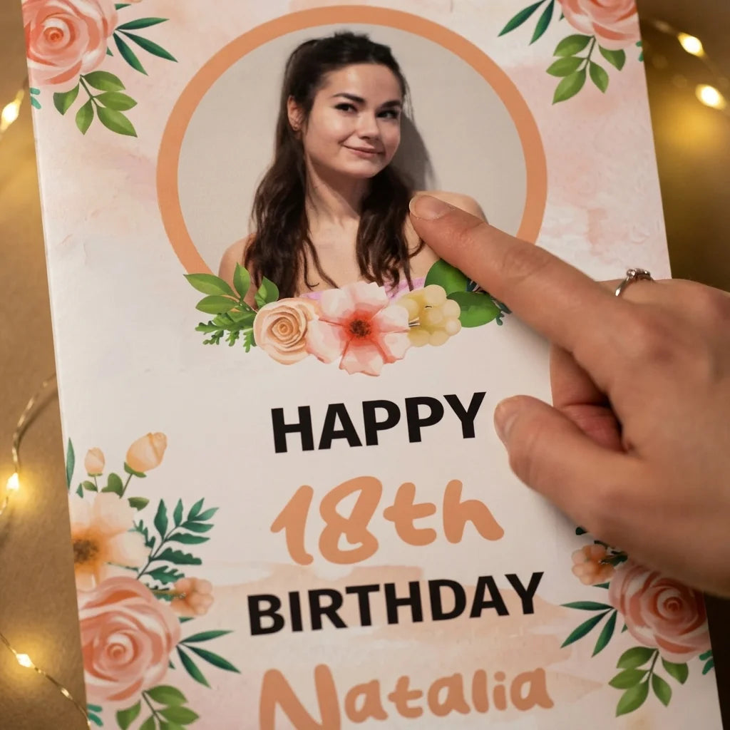 Close-up of the personalised name and photo printed on the Peach Roses Theme Birthday Party Mega Card