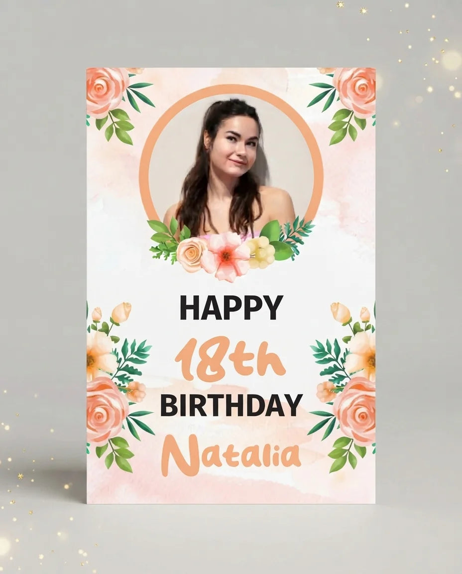 Personalised Peach Roses Theme Birthday Party Mega Card displayed against a plain studio background