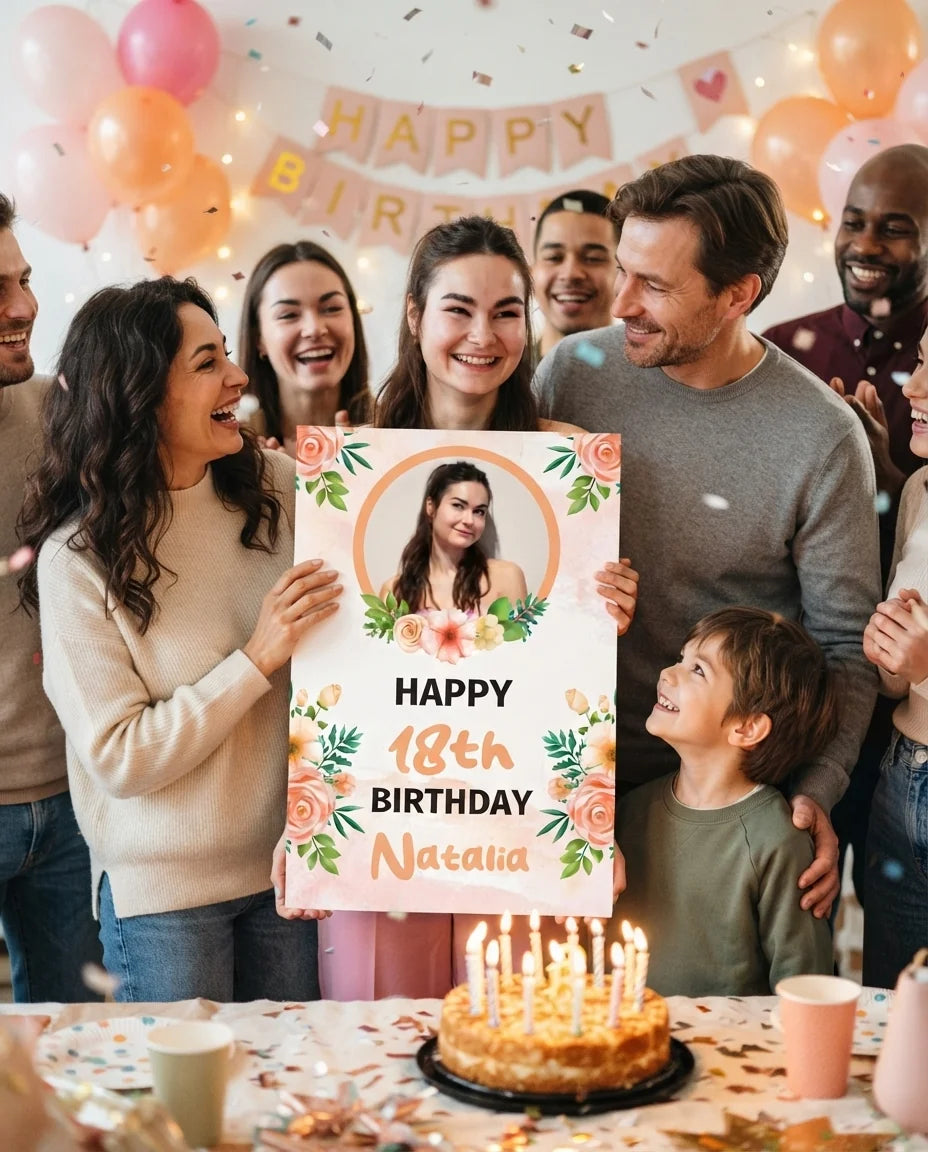 Friends and family celebrating with the personalised Peach Roses Theme Birthday Party Mega Card