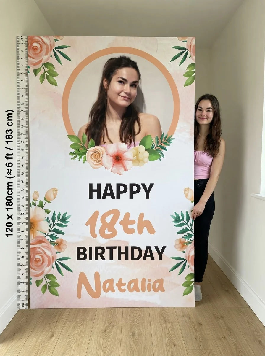 Person standing beside the Peach Roses Theme Birthday Party Mega Card for scale in a size guide