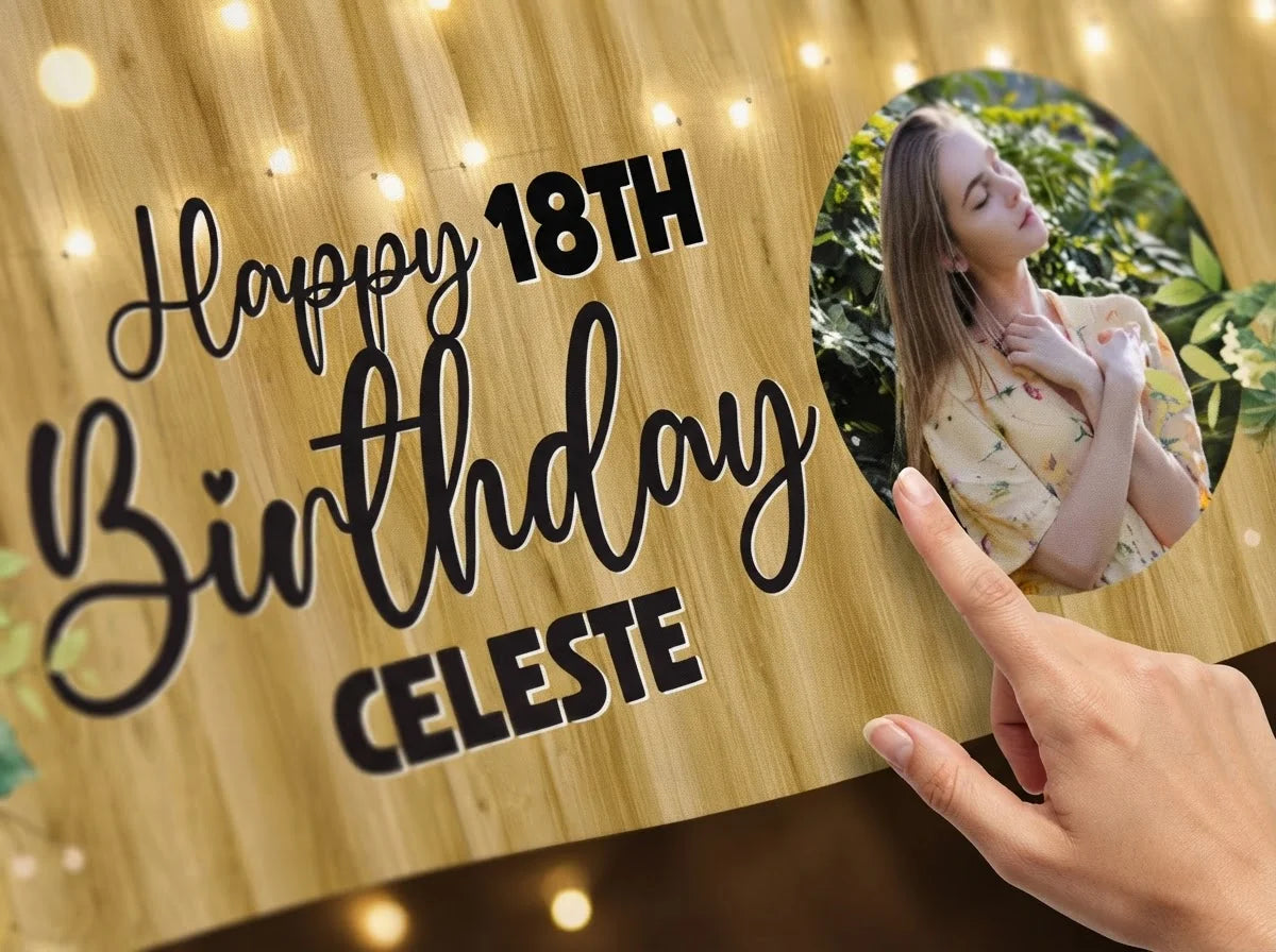 Close-up of the personalised name and photo printed on the Sunflower Theme Birthday Party Banner