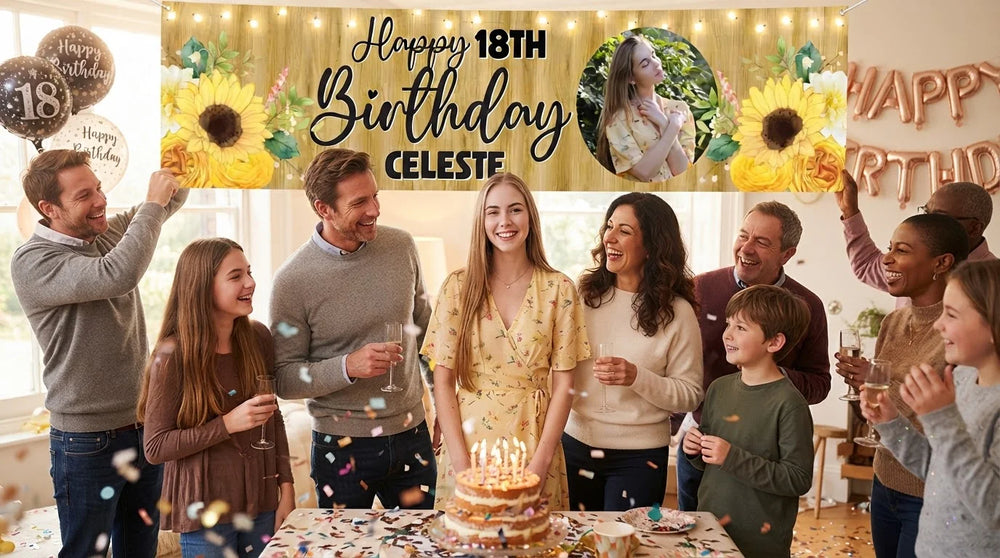 Friends and family celebrating with the personalised Sunflower Theme Birthday Party Banner