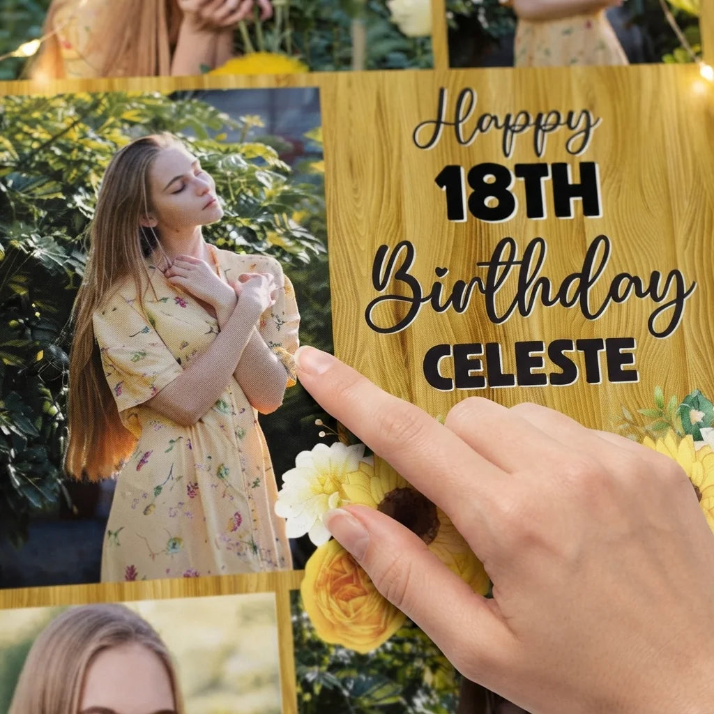 Close-up of the personalised name and photo printed on the Sunflower Theme Birthday Party Mega Card