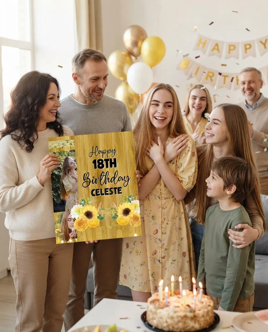 Friends and family celebrating with the personalised Sunflower Theme Birthday Party Mega Card