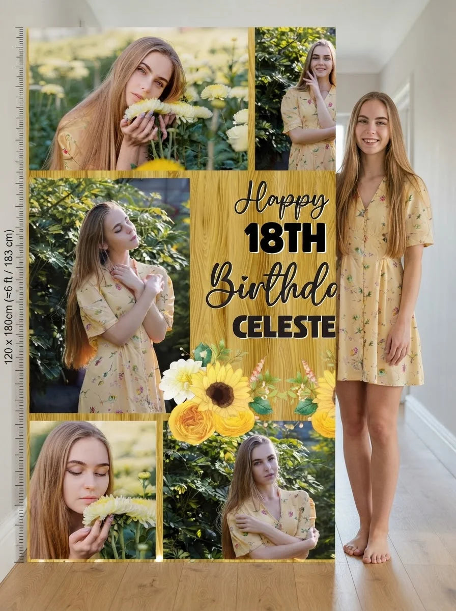 Person standing beside the Sunflower Theme Birthday Party Mega Card for scale in a size guide