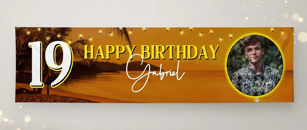 Personalised Beach Sunset Birthday Party Banner displayed against a plain studio background