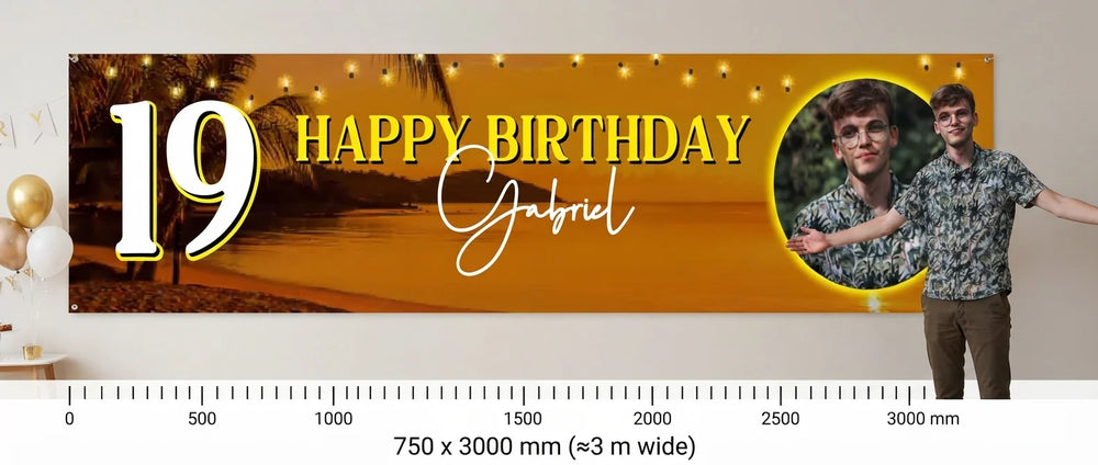 Person standing beside the Beach Sunset Birthday Party Banner for scale, with size guide showing 750 x 3000 mm