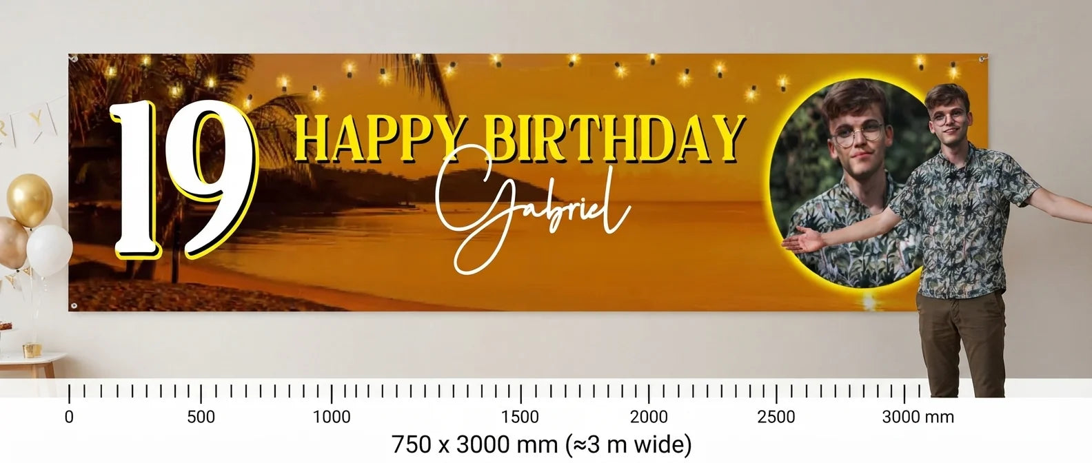 Person standing beside the Beach Sunset Birthday Party Banner for scale, with size guide showing 750 x 3000 mm