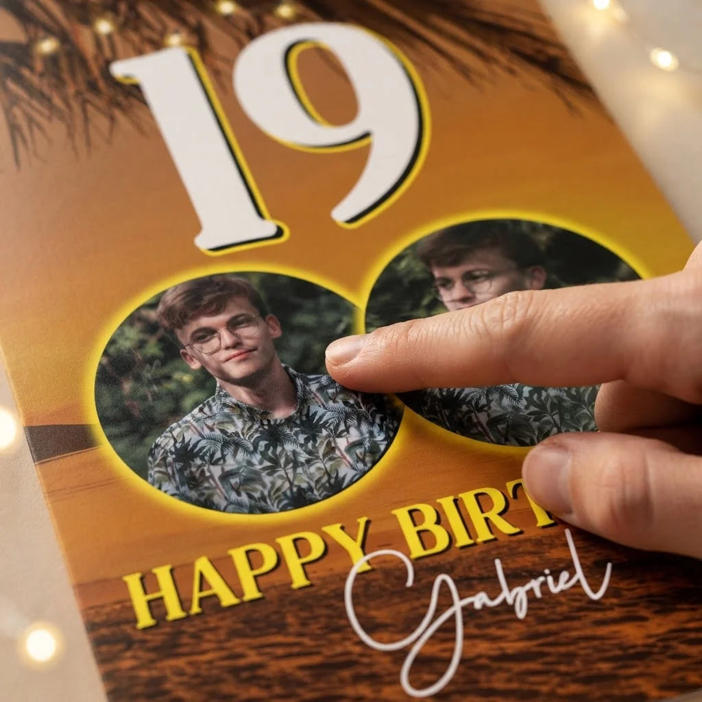 Close-up of the personalised name and photo printed on the Beach Sunset Birthday Party Mega Card