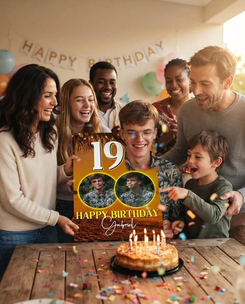 Friends and family celebrating with the personalised Beach Sunset Birthday Party Mega Card