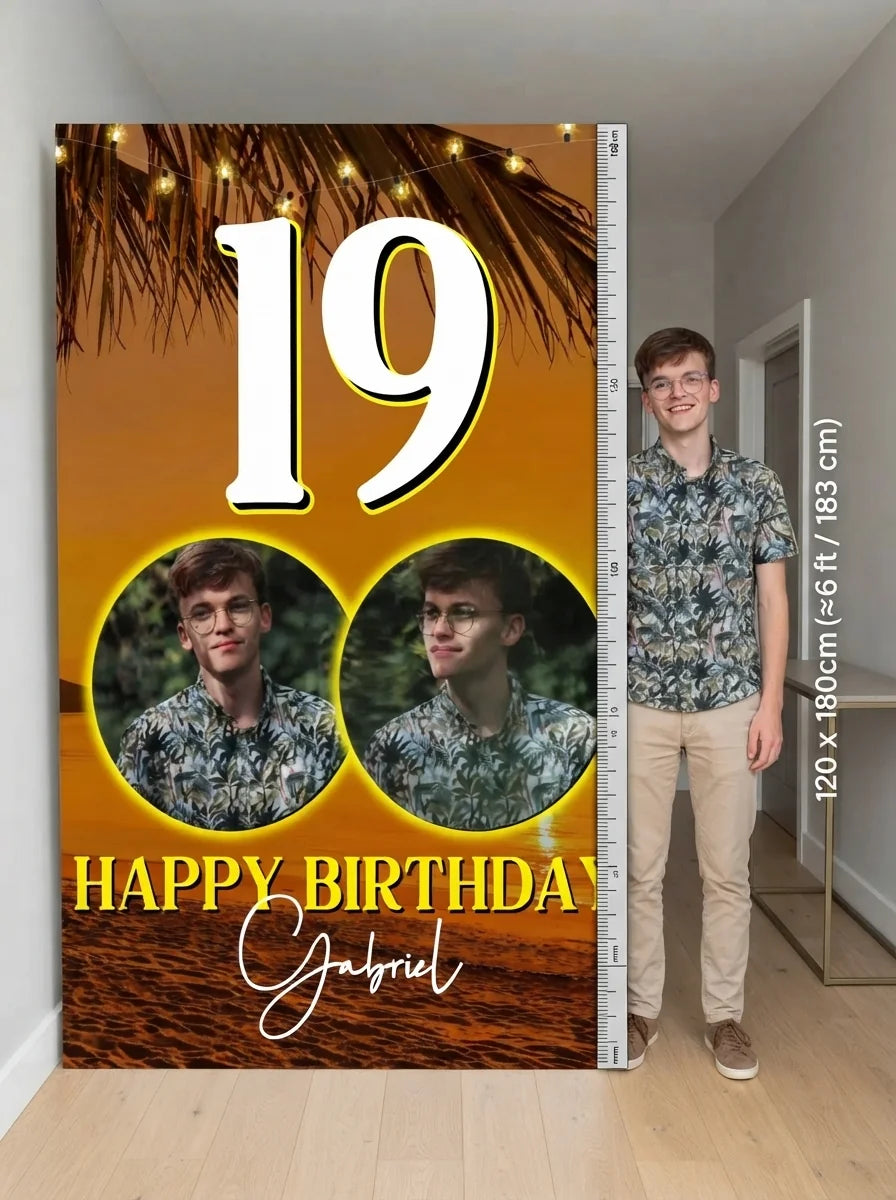 Person standing beside the Beach Sunset Birthday Party Mega Card for scale in a size guide