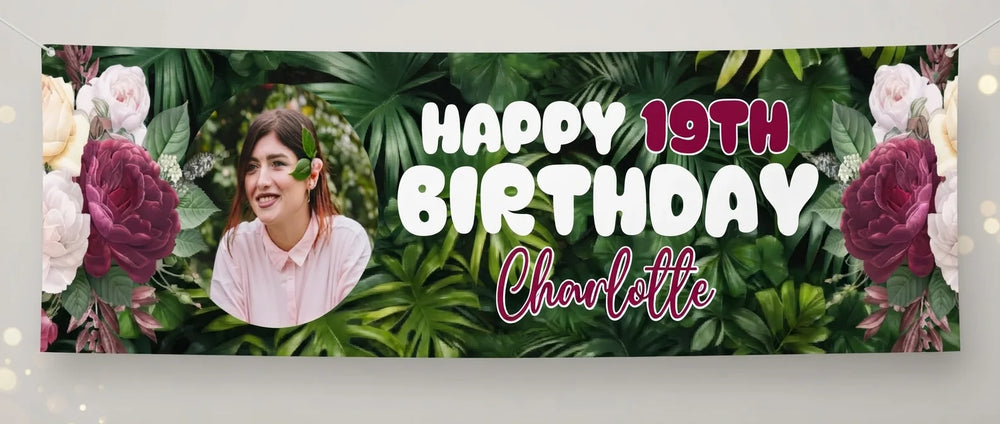 Personalised Maroon Floral Birthday Party Banner displayed against a plain studio background