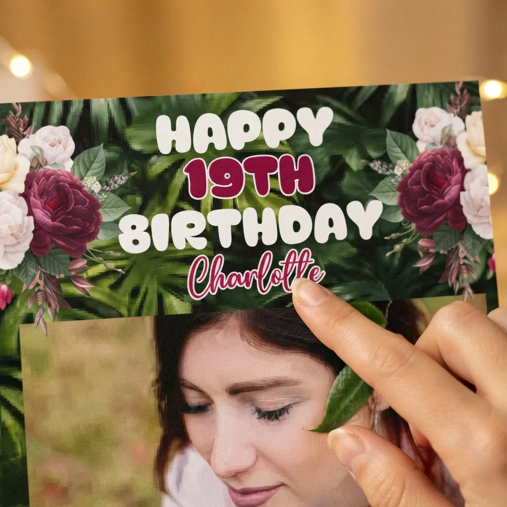 Close-up of the personalised name and photo printed on the Maroon Floral Birthday Party Mega Card