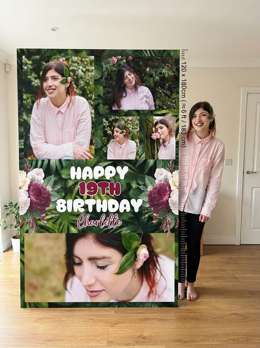 Person standing beside the Maroon Floral Birthday Party Mega Card for scale in a size guide