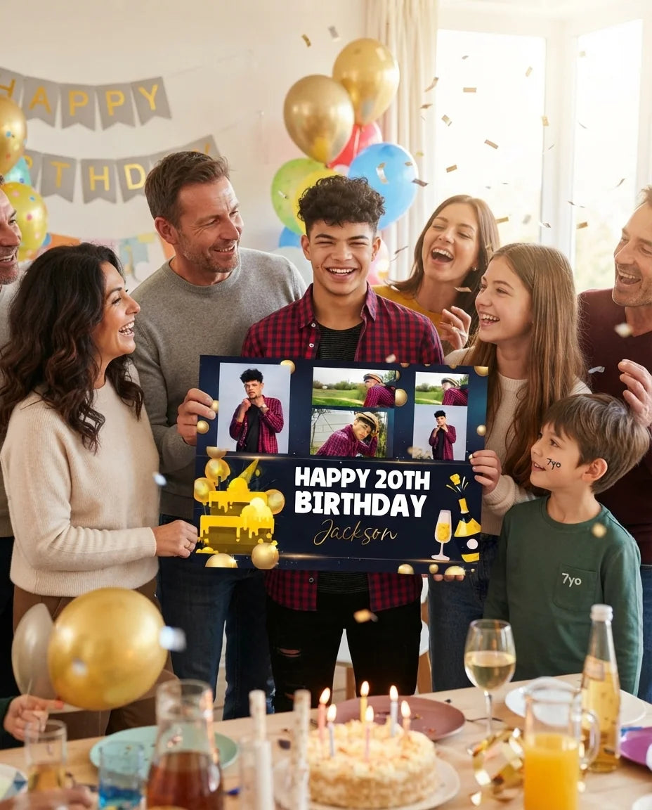 Friends and family celebrating with the personalised Gold and Black Theme Birthday Party Mega Card
