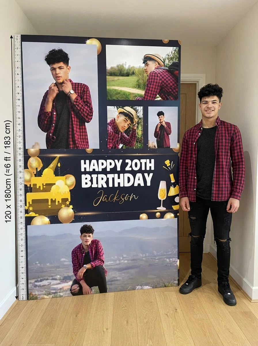 Person standing beside the Gold and Black Theme Birthday Party Mega Card for scale in a size guide