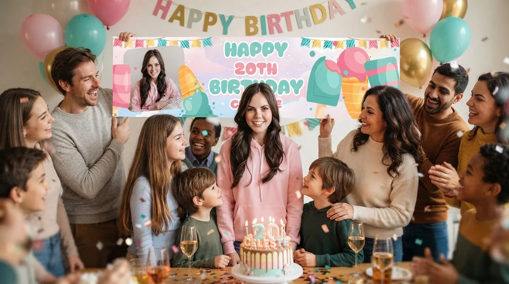 Friends and family celebrating with the personalised Ice Cream Theme Birthday Party Banner