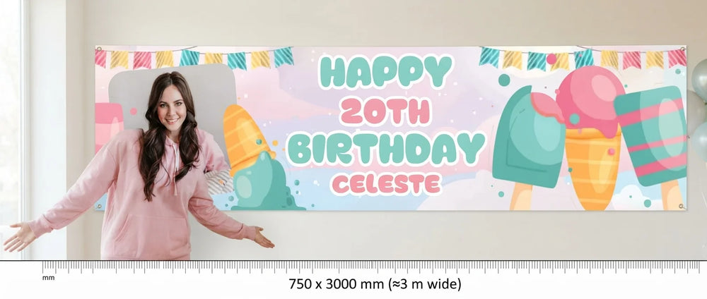 Person standing beside the Ice Cream Theme Birthday Party Banner for scale, with size guide showing 750 x 3000 mm