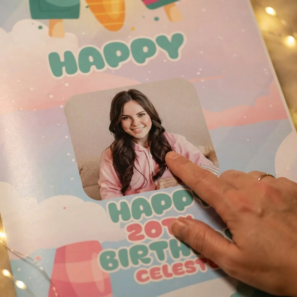 Close-up of the personalised name and photo printed on the Ice Cream Theme Birthday Party Mega Card