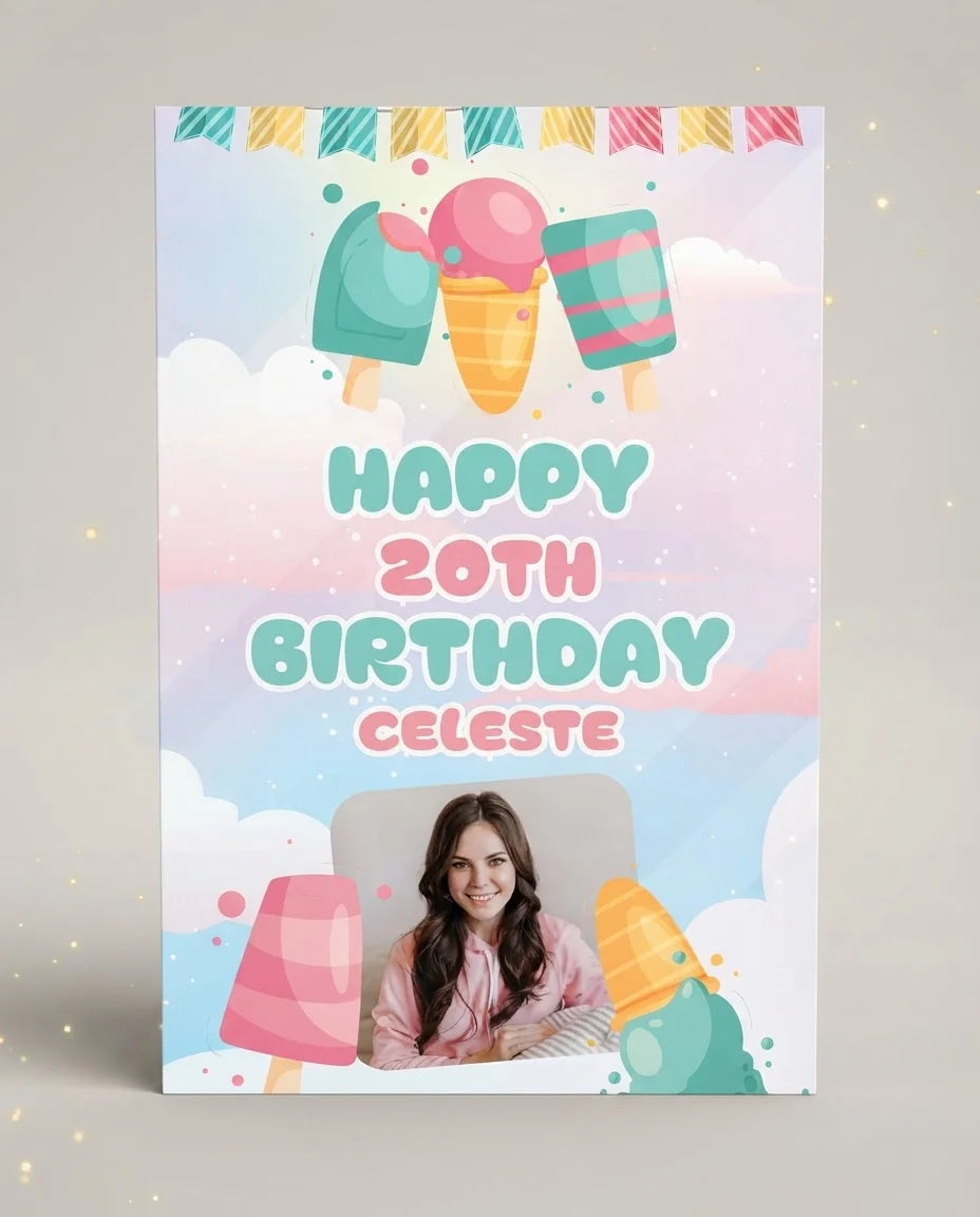 Personalised Ice Cream Theme Birthday Party Mega Card displayed against a plain studio background