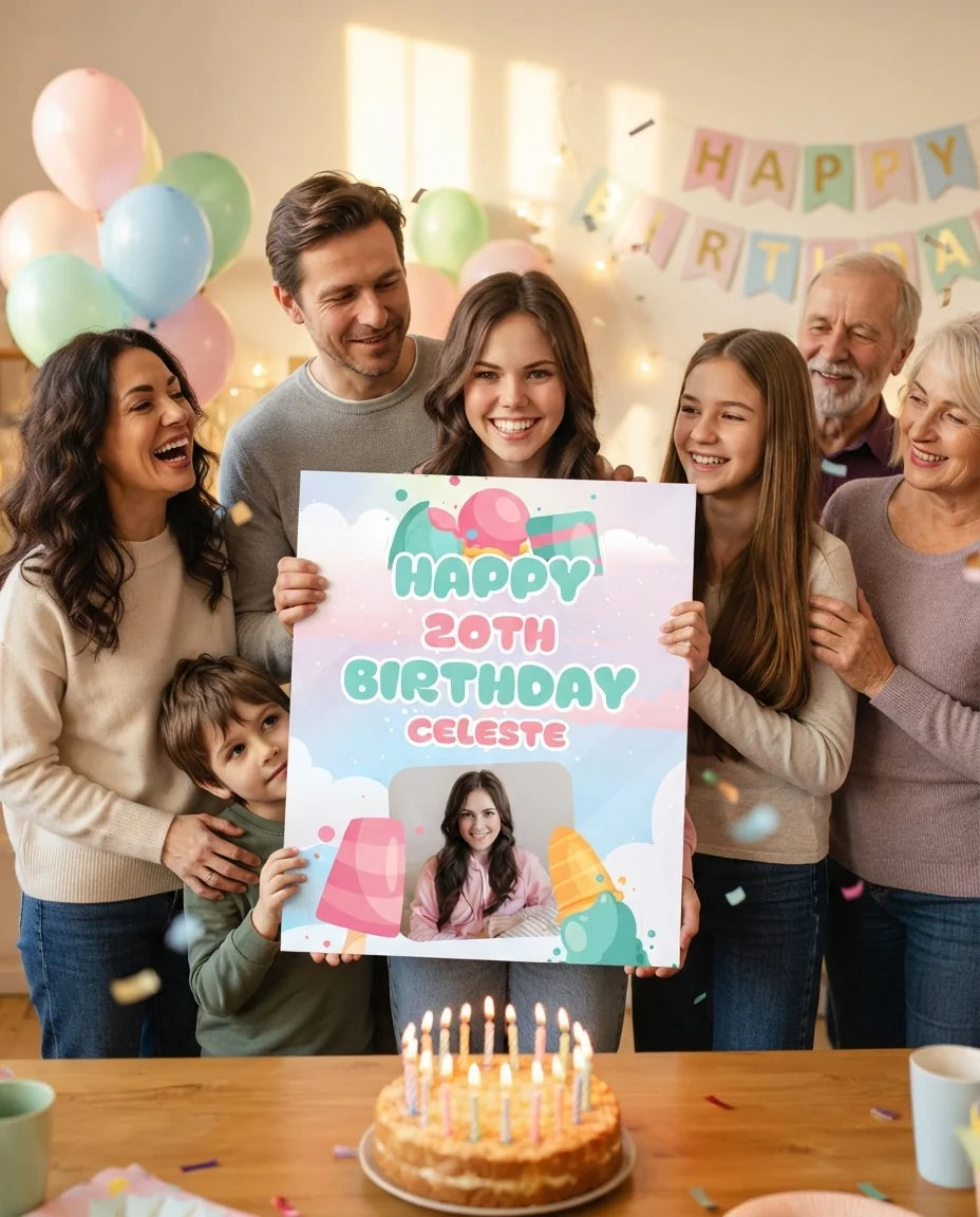 Friends and family celebrating with the personalised Ice Cream Theme Birthday Party Mega Card