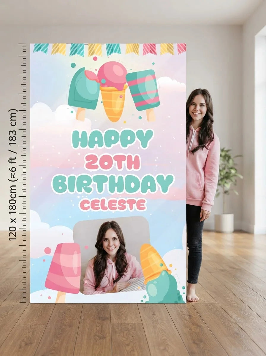 Person standing beside the Ice Cream Theme Birthday Party Mega Card for scale in a size guide