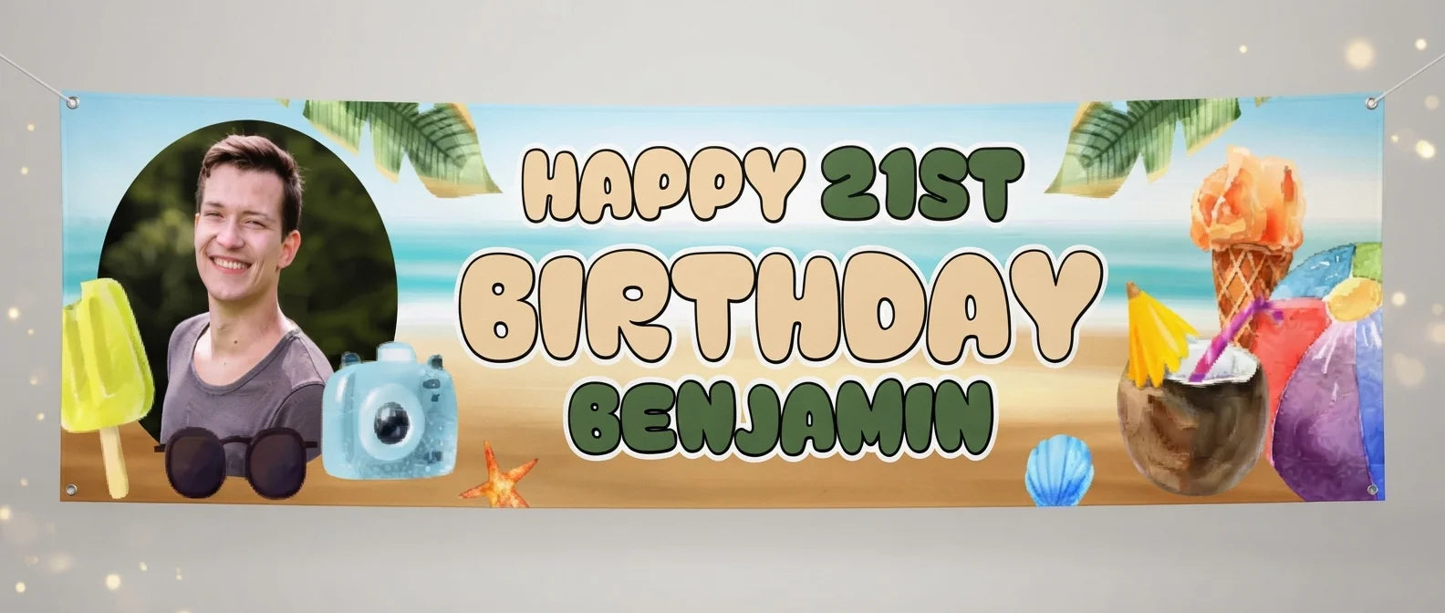 Personalised Beach Travel Birthday Party Banner displayed against a plain studio background