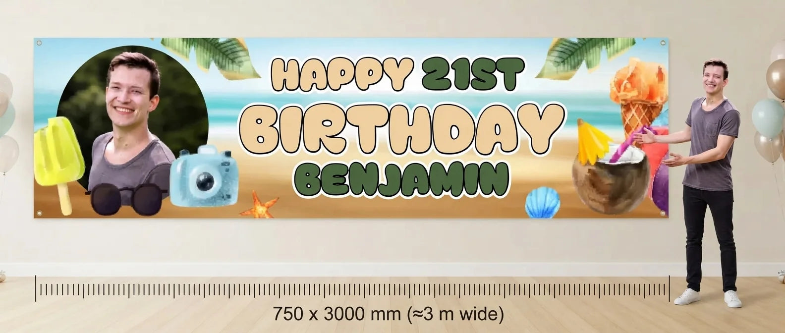Person standing beside the Beach Travel Birthday Party Banner for scale, with size guide showing 750 x 3000 mm