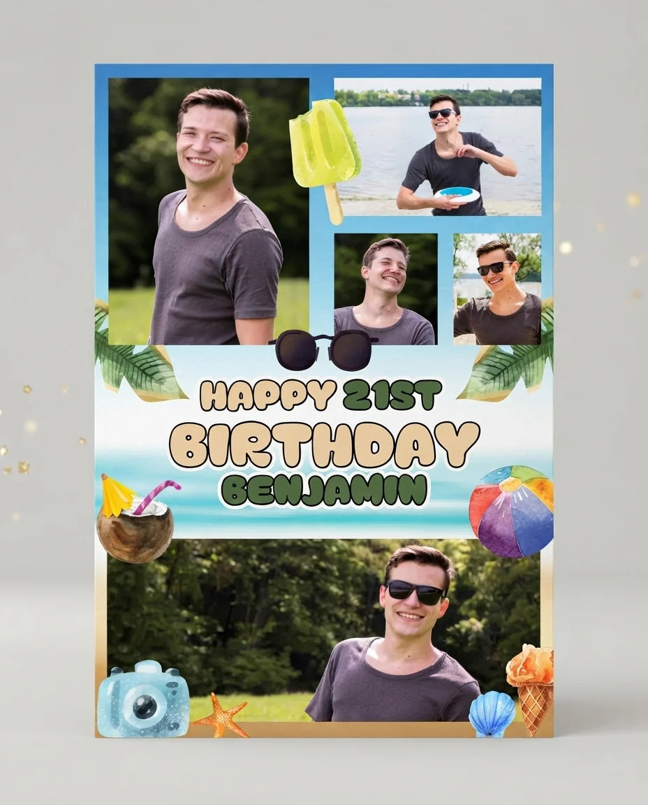 Personalised Beach Travel Birthday Party Mega Card displayed against a plain studio background