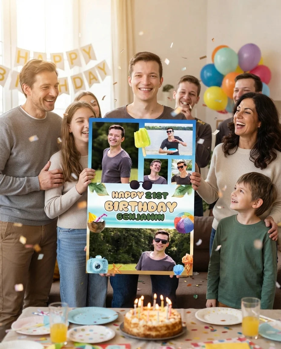 Friends and family celebrating with the personalised Beach Travel Birthday Party Mega Card