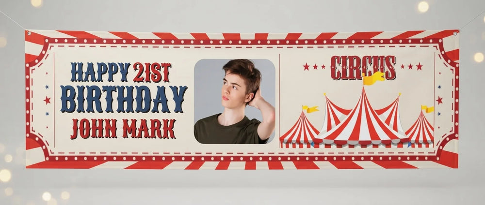 Personalised Circus Theme Birthday Party Banner displayed against a plain studio background