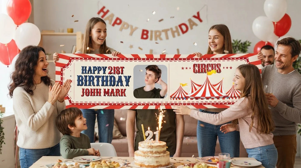 Friends and family celebrating with the personalised Circus Theme Birthday Party Banner
