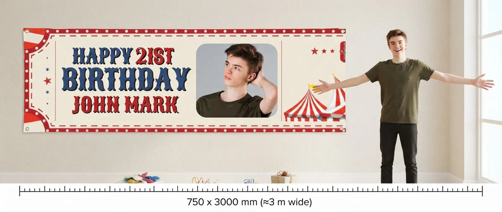 Person standing beside the Circus Theme Birthday Party Banner for scale, with size guide showing 750 x 3000 mm