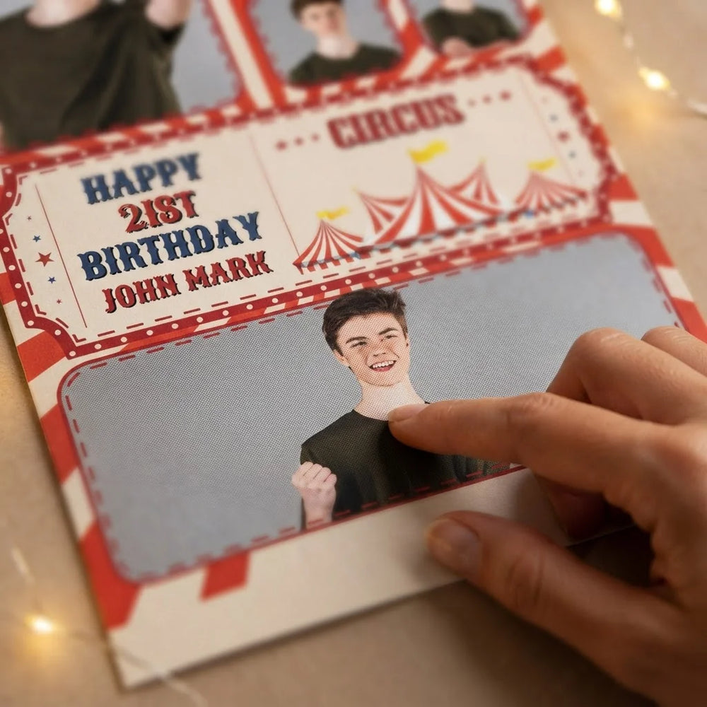 Close-up of the personalised name and photo printed on the Circus Theme Birthday Party Mega Card