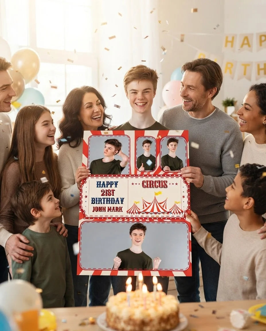 Friends and family celebrating with the personalised Circus Theme Birthday Party Mega Card
