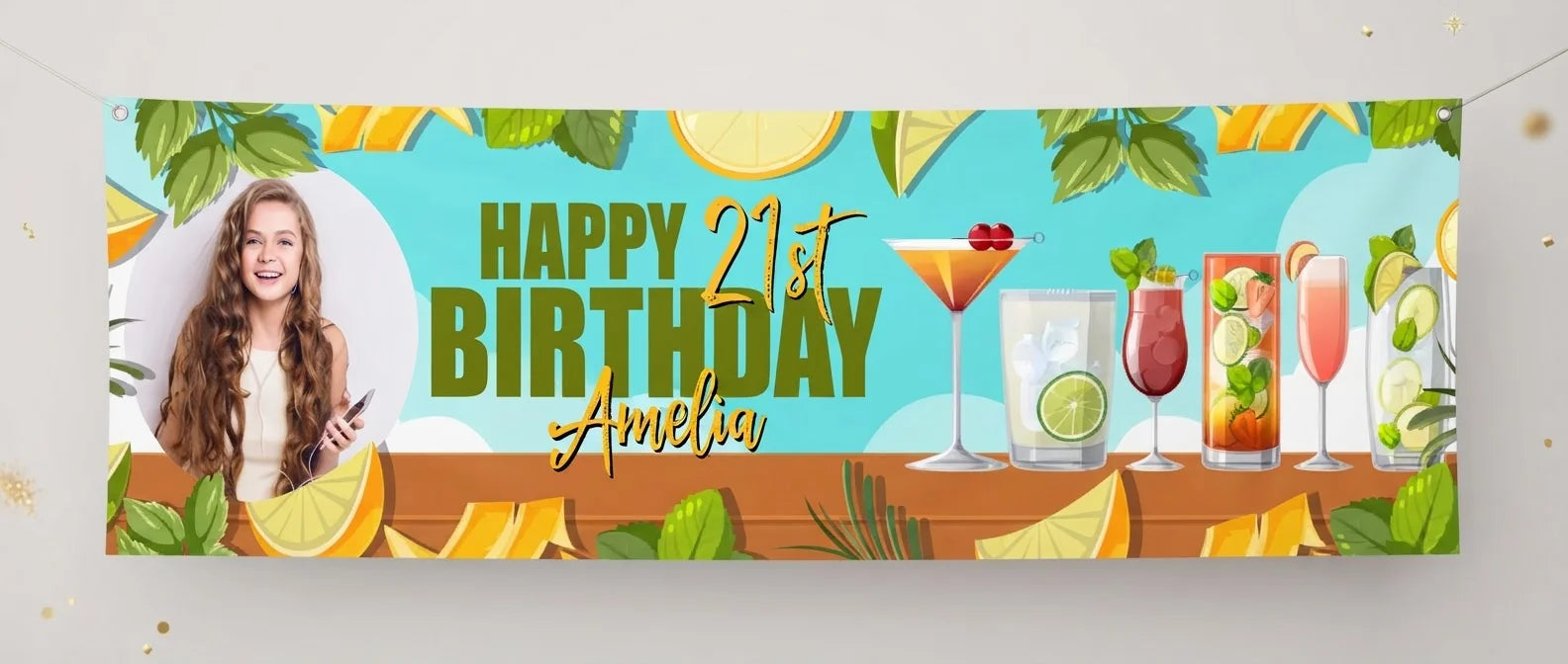 Personalised Cocktail Birthday Party Banner displayed against a plain studio background