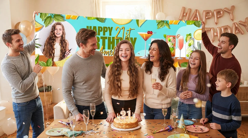 Friends and family celebrating with the personalised Cocktail Birthday Party Banner