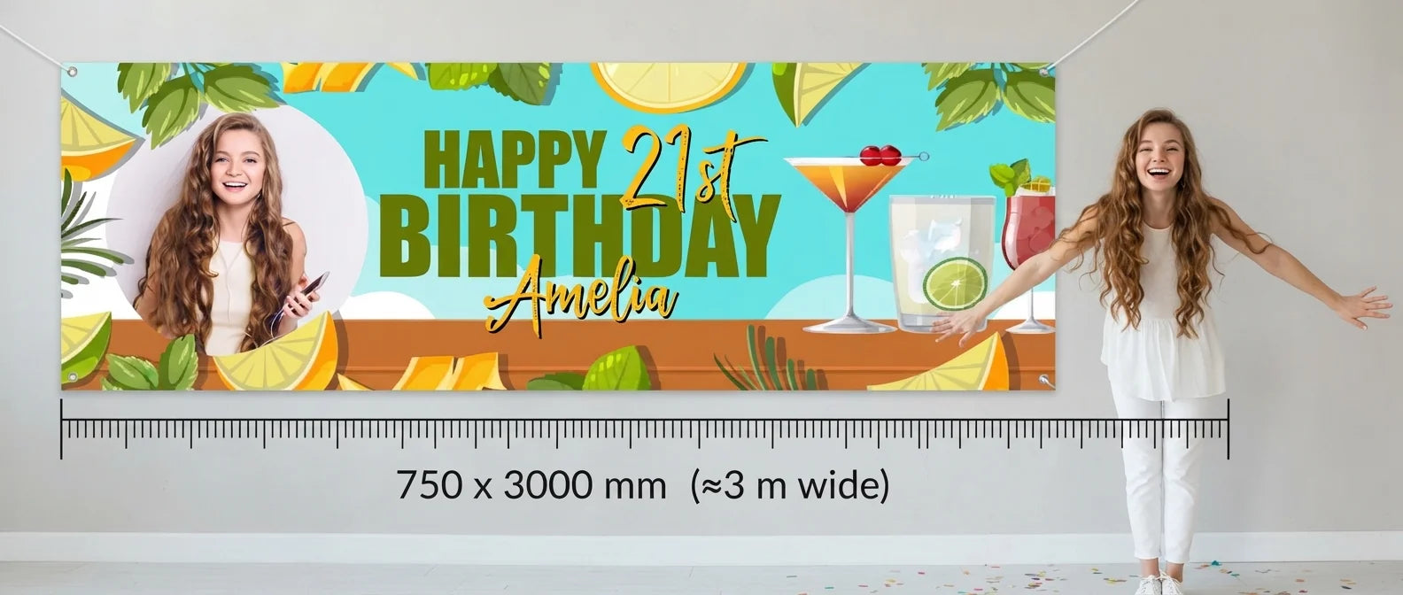 Person standing beside the Cocktail Birthday Party Banner for scale, with size guide showing 750 x 3000 mm