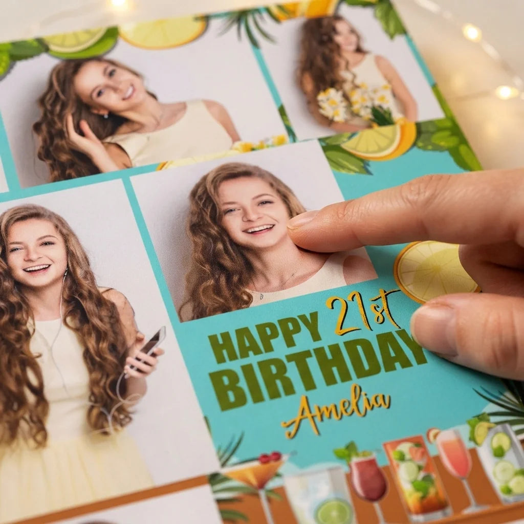 Close-up of the personalised name and photo printed on the Cocktail Birthday Party Mega Card
