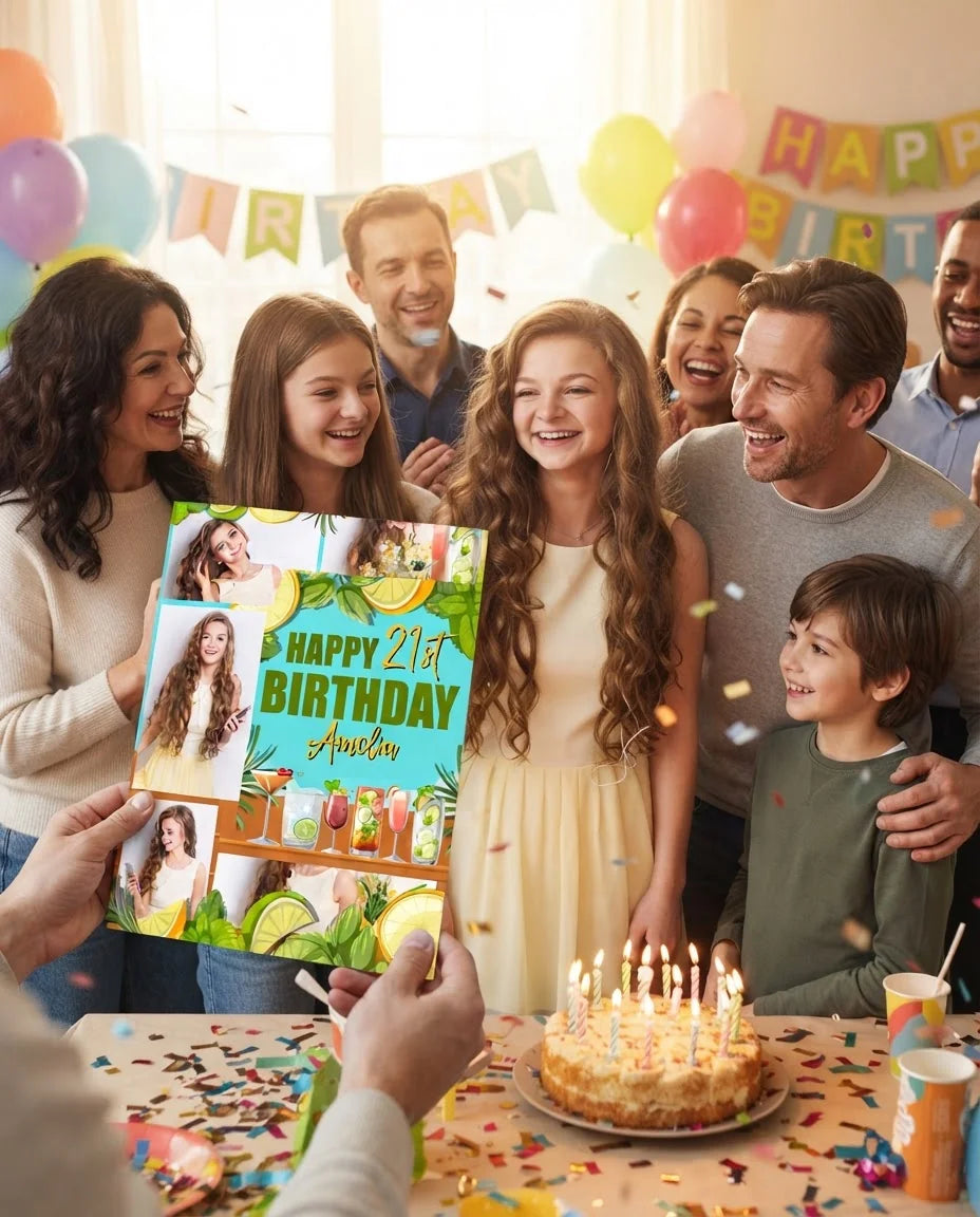 Friends and family celebrating with the personalised Cocktail Birthday Party Mega Card