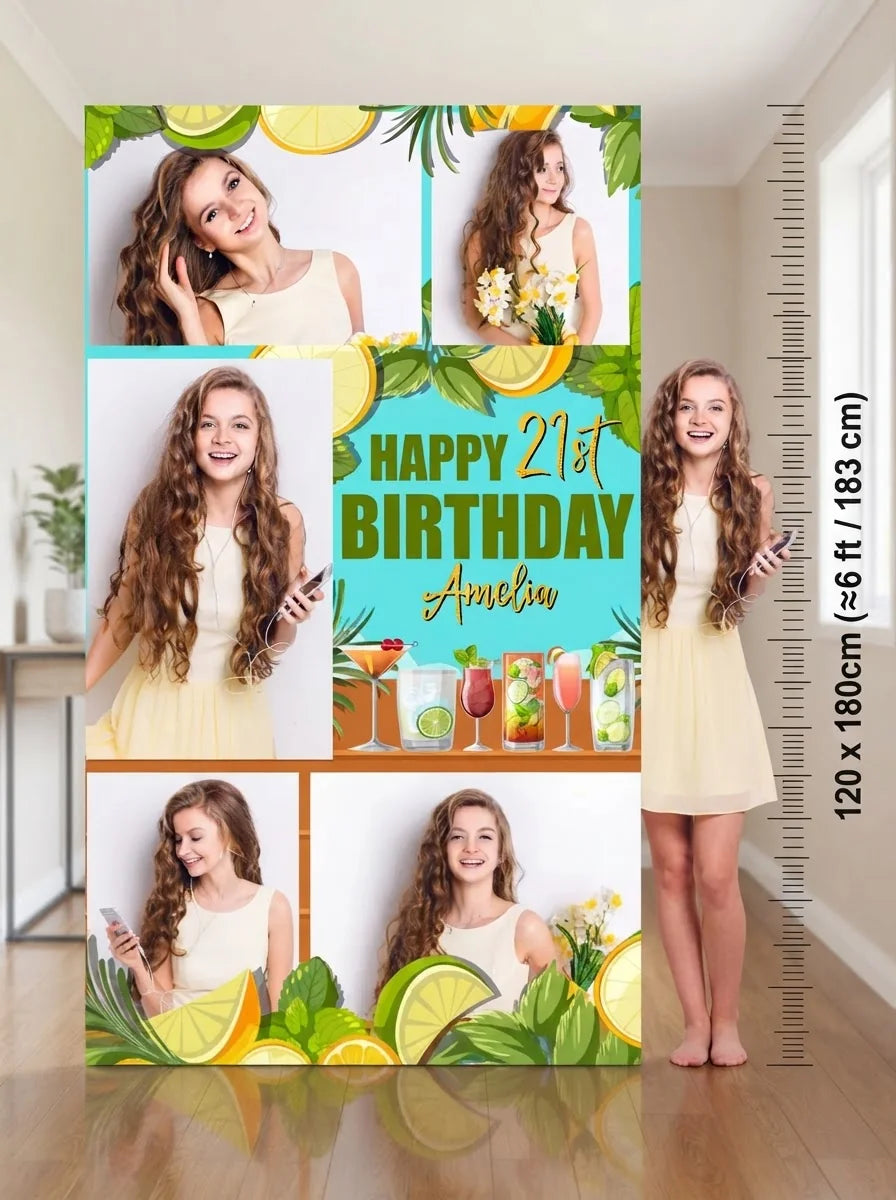 Person standing beside the Cocktail Birthday Party Mega Card for scale in a size guide