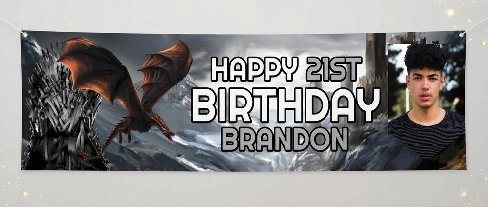 Personalised Game of Thrones Birthday Party Banner displayed against a plain studio background