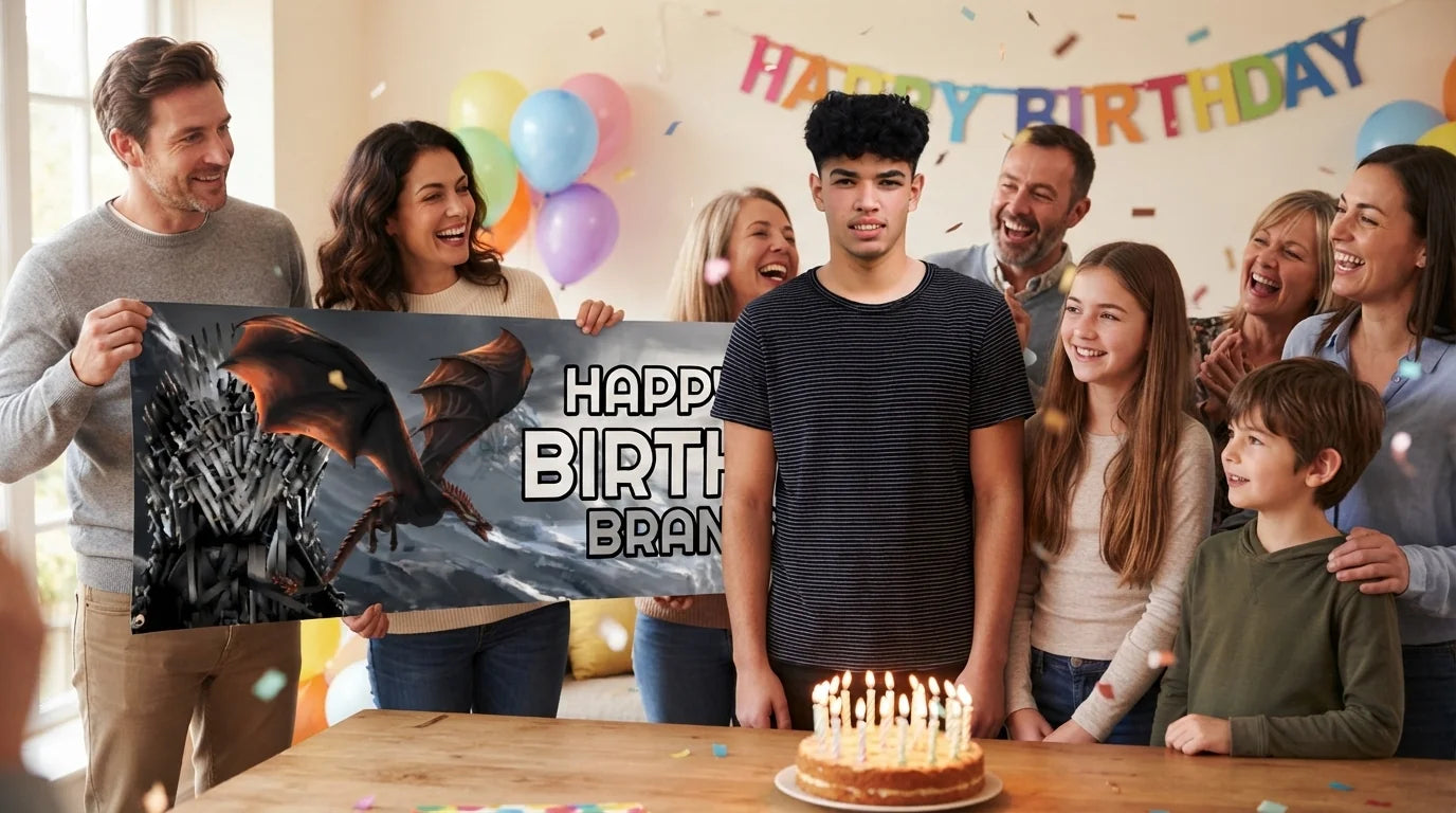 Friends and family celebrating with the personalised Game of Thrones Birthday Party Banner