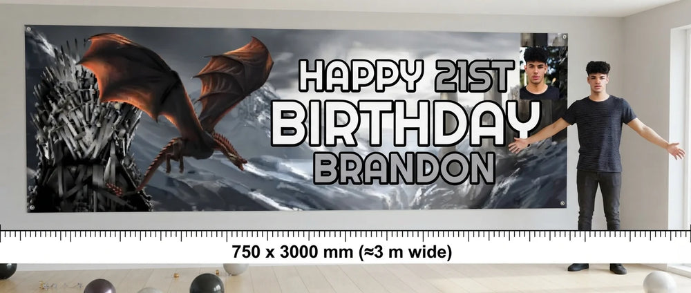 Person standing beside the Game of Thrones Birthday Party Banner for scale, with size guide showing 750 x 3000 mm