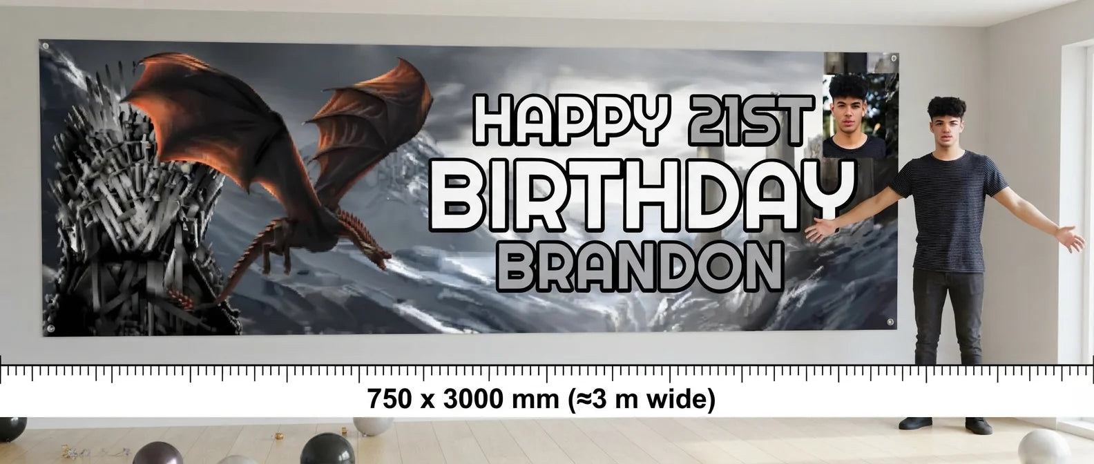 Person standing beside the Game of Thrones Birthday Party Banner for scale, with size guide showing 750 x 3000 mm