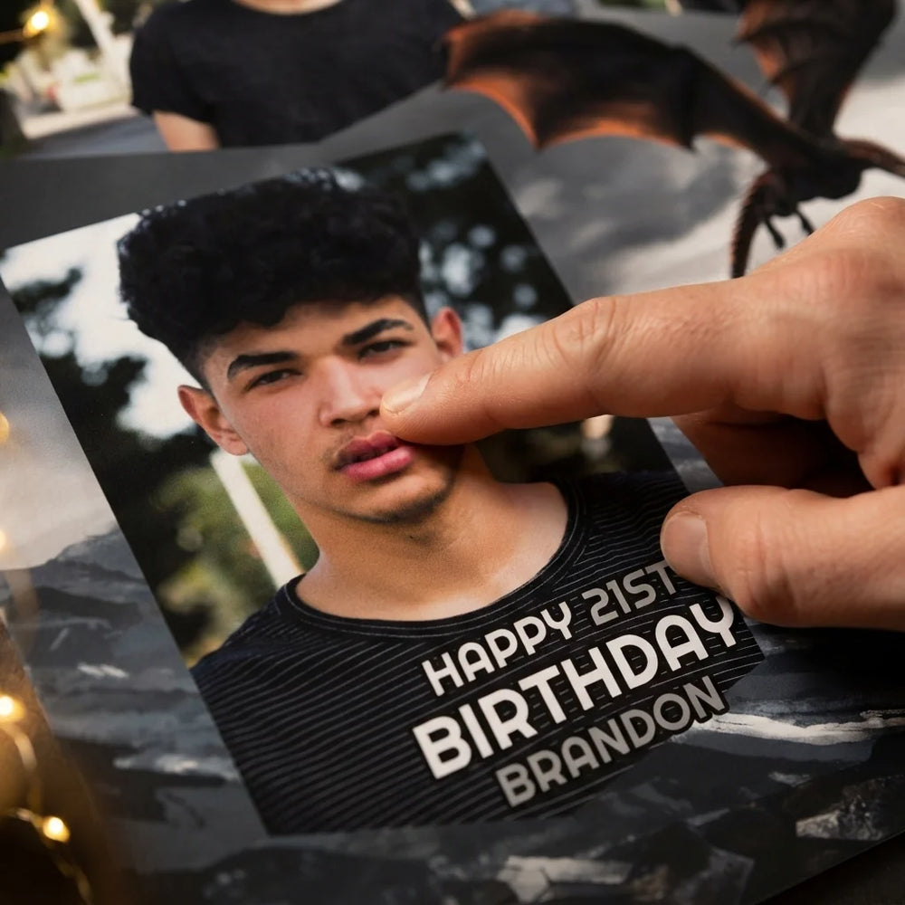 Close-up of the personalised name and photo printed on the Game of Thrones Birthday Party Mega Card